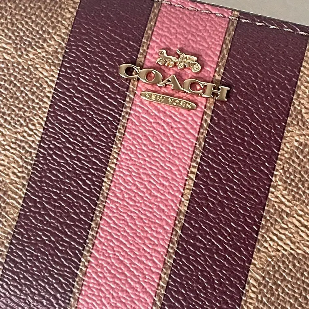 Coach Medium Zip Wallet Brown Signature Canvas Varsity Stripe ID CBO79